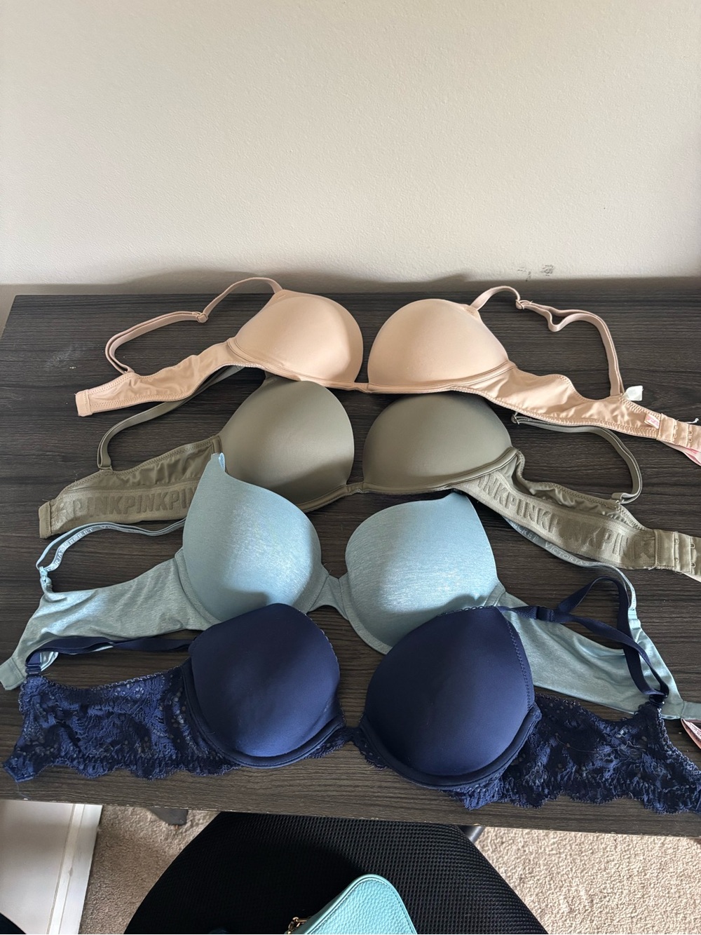 4 for $25 PINK Victoria's Secret Bras in Nude, Olive, Light Blue, and Navy!